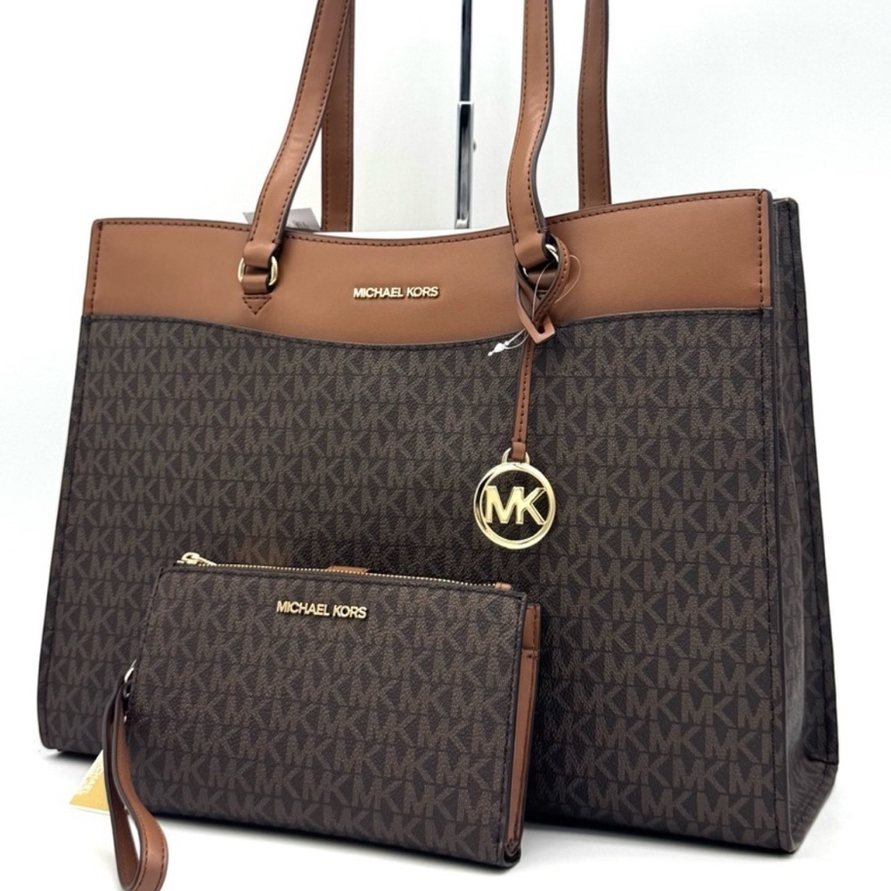 Michael Kors Jet Set Large Signature Logo Tote Bag & Double Zip Wallet Brown Set